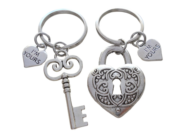 Key and Heart Lock Charm Keychain Set with I'm Yours Charms - Key To My Heart; Couples Keychain Set