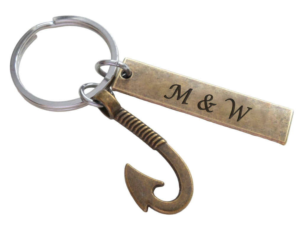 Bronze Fish Hook Charm Keychain with Custom Engraved Tag by JewelryEveryday.