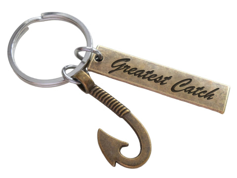 Bronze Fish Hook Charm Keychain with Custom Engraved Tag by JewelryEveryday.