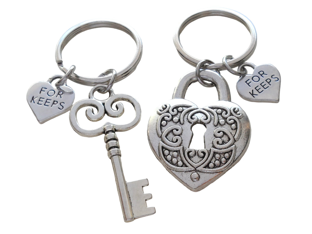 Key and Heart Lock Charm Keychain Set with For Keeps Charms - Key To My Heart; Couples Keychain Set