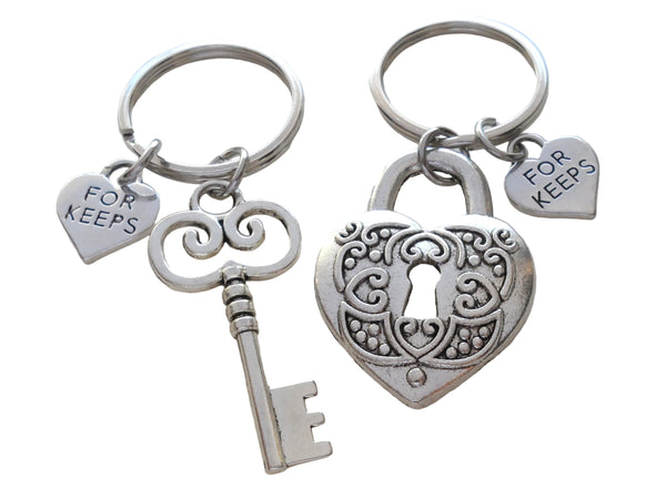 Key and Heart Lock Charm Keychain Set with For Keeps Charms - Key To My Heart; Couples Keychain Set