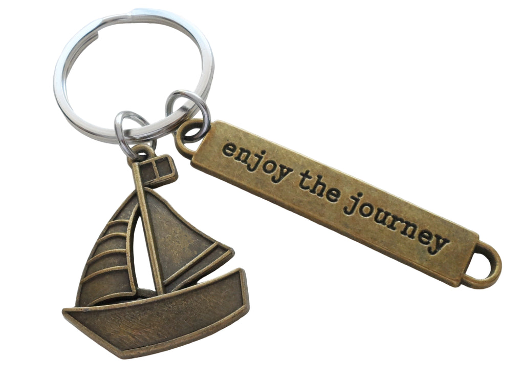 Bronze Sailboat Charm Keychain with Enjoy the Journey Tag Charm