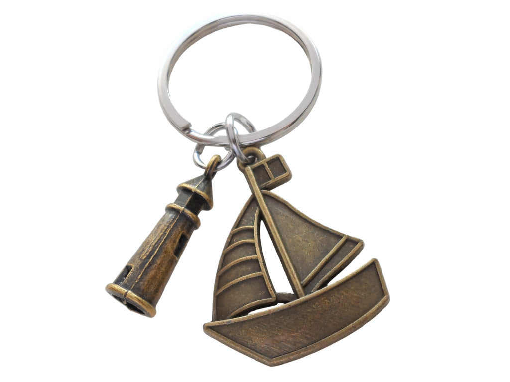 Bronze Sailboat & Lighthouse Charm Keychain