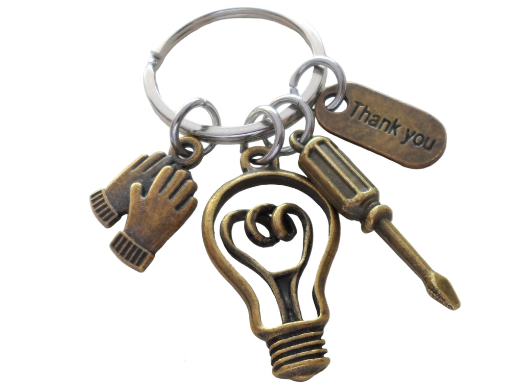 Electrician or Housekeeping Appreciation Keychain with Bronze Light Bulb, Screwdriver, Work Gloves & Thank You Charm, Employee Appreciation Keychain