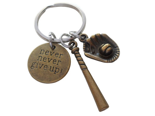 Bronze Baseball Bat, Mitt, and Never Never Give Up Charm Keychain, Softball or Baseball Team Player Key Chain