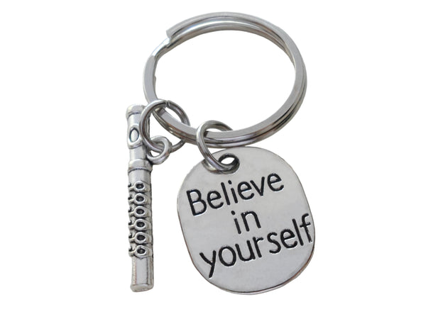 Flute Charm Keychain with Believe in Yourself Charm, Musician or Music Teacher Keychain