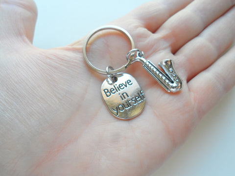 Saxophone Charm Keychain with Believe in Yourself Charm, Musician or Music Teacher Keychain