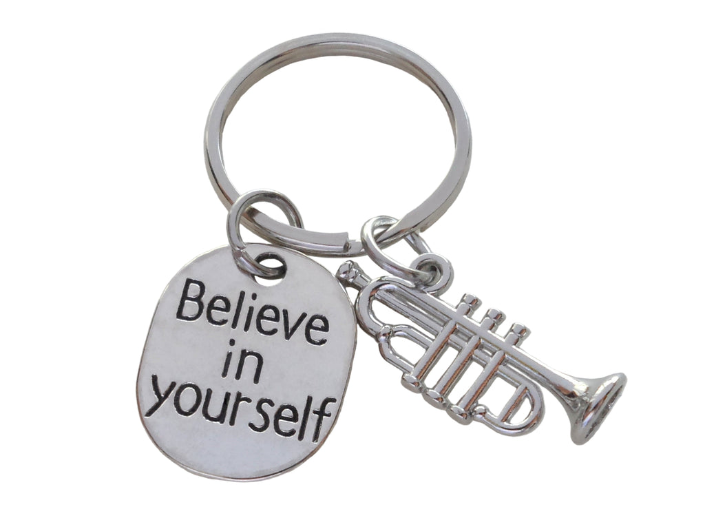Trumpet Charm Keychain with Believe in Yourself Charm, Musician or Music Teacher Keychain