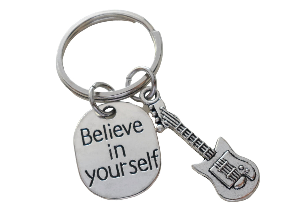 Electric Guitar Charm Keychain with Believe in Yourself Charm, Musician or Music Teacher Keychain