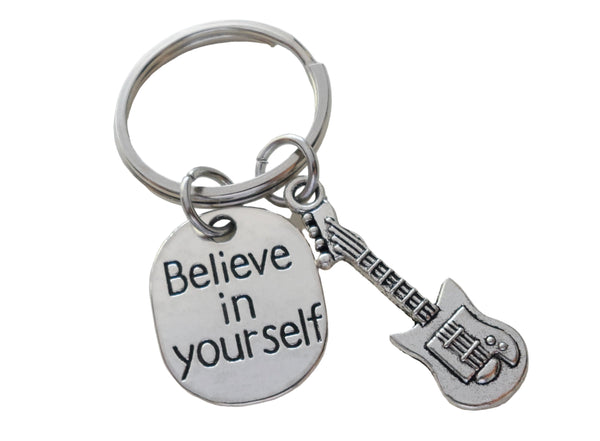 Electric Guitar Charm Keychain with Believe in Yourself Charm, Musician or Music Teacher Keychain