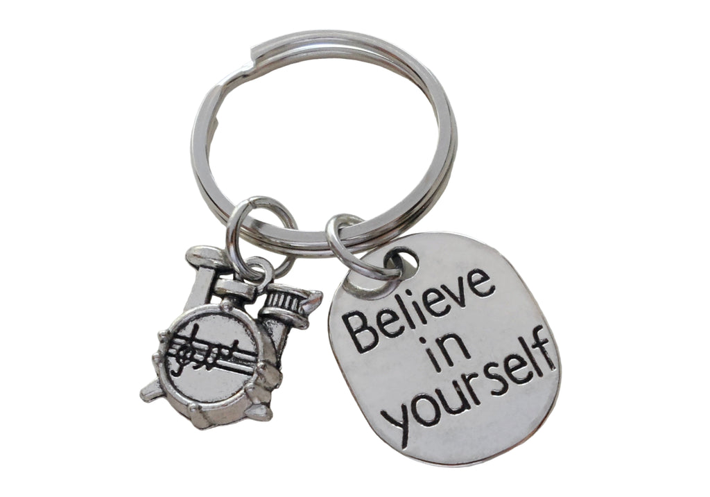 Drum Set Charm Keychain with Believe in Yourself Charm, Musician or Music Teacher Keychain