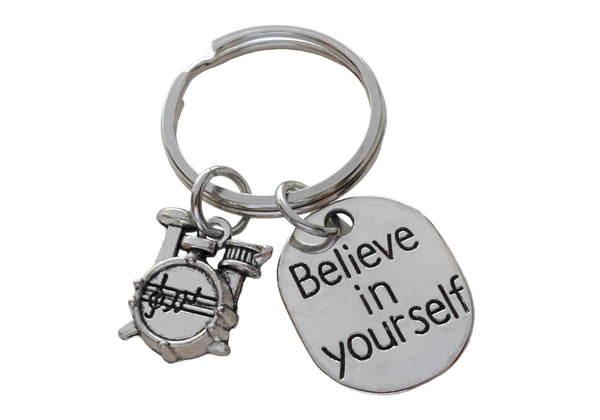 Drum Set Charm Keychain with Believe in Yourself Charm, Musician or Music Teacher Keychain