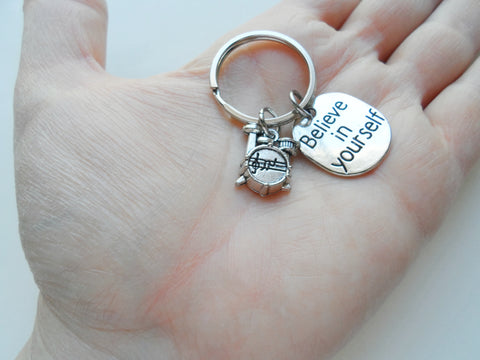 Drum Set Charm Keychain with Believe in Yourself Charm, Musician or Music Teacher Keychain