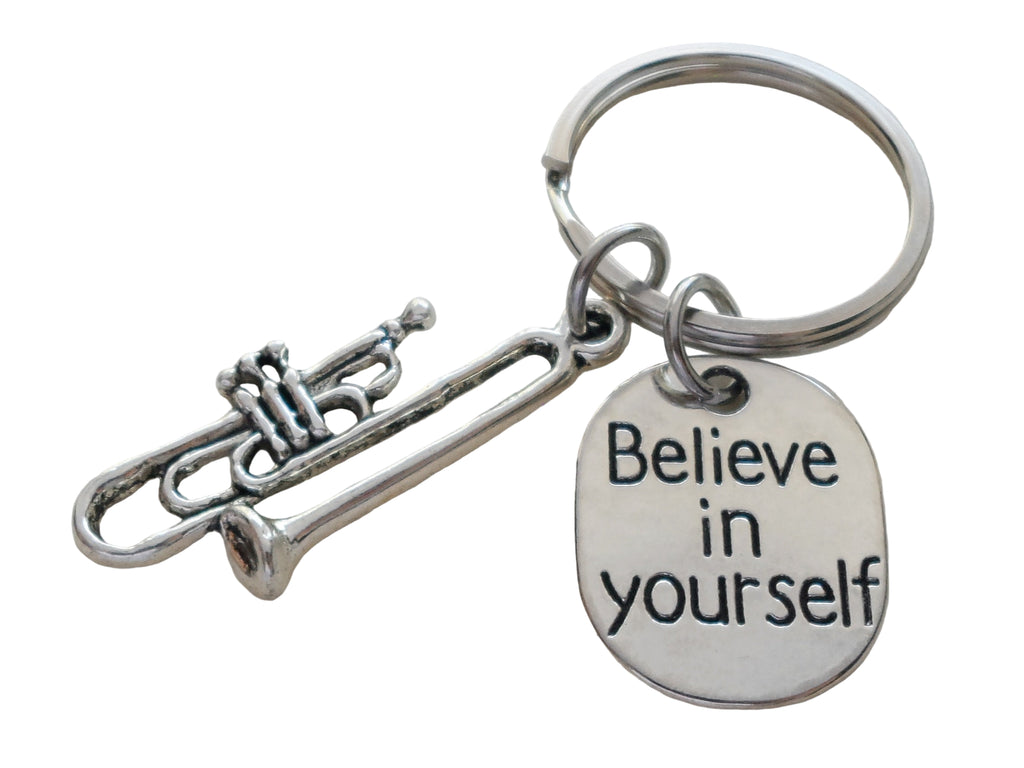 Trombone Charm Keychain with Believe in Yourself Charm, Musician or Music Teacher Keychain
