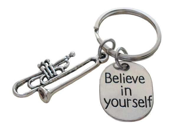 Trombone Charm Keychain with Believe in Yourself Charm, Musician or Music Teacher Keychain