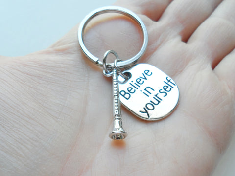 Clarinet / Oboe Charm Keychain with Believe in Yourself Charm, Musician or Music Teacher Keychain