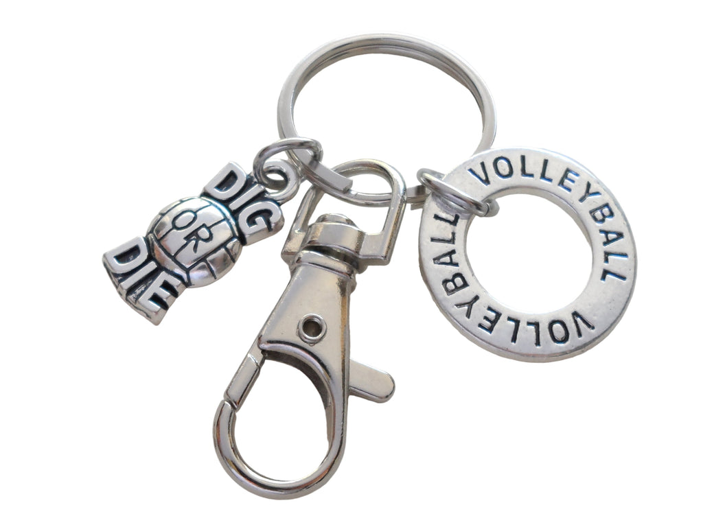 Volleyball Keychain with Volleyball Ring Charm, Dig or Die Charm, and Swivel Clasp, Volleyball Player or Coach Keychain