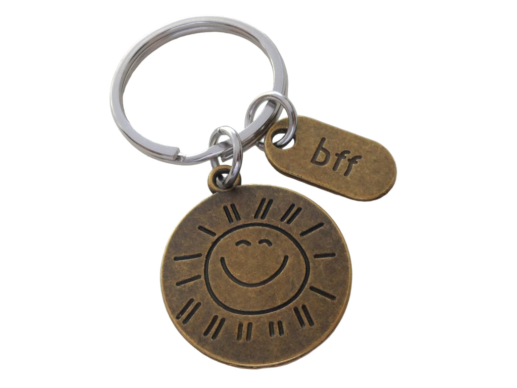 Bronze You Are My Sunshine Keychain, Sun Design with Saying on Backside and Bff Tag