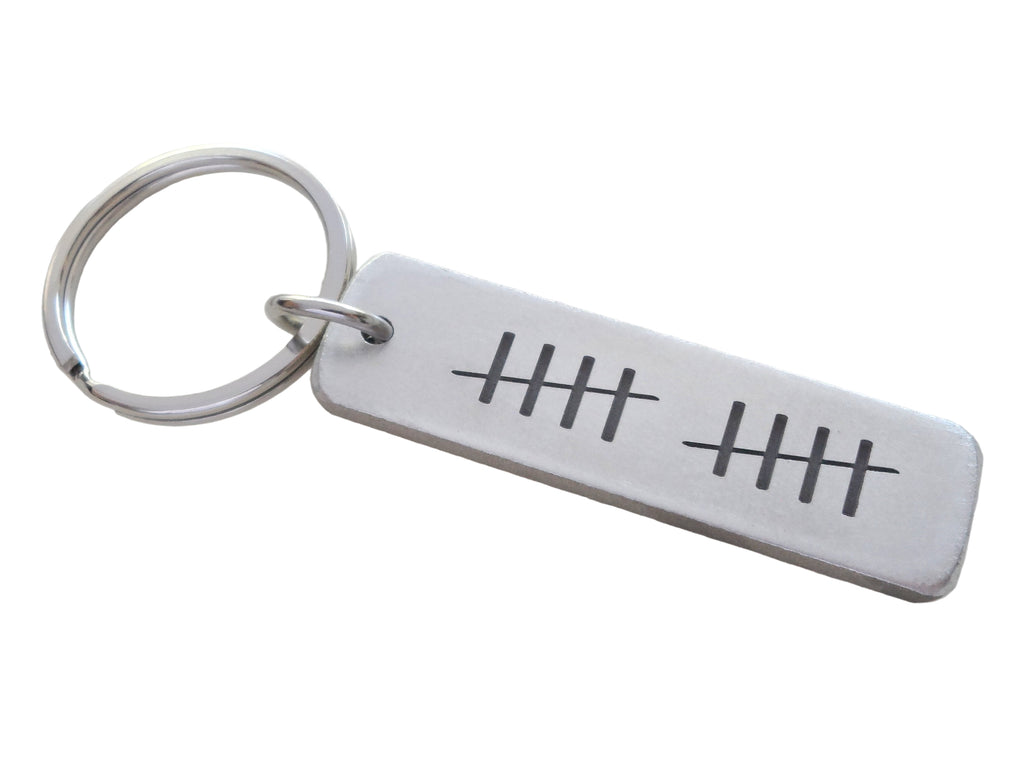 Aluminum Tag Keychain Engraved with 10 Tally Marks, Couples 10 Year Anniversary Gift