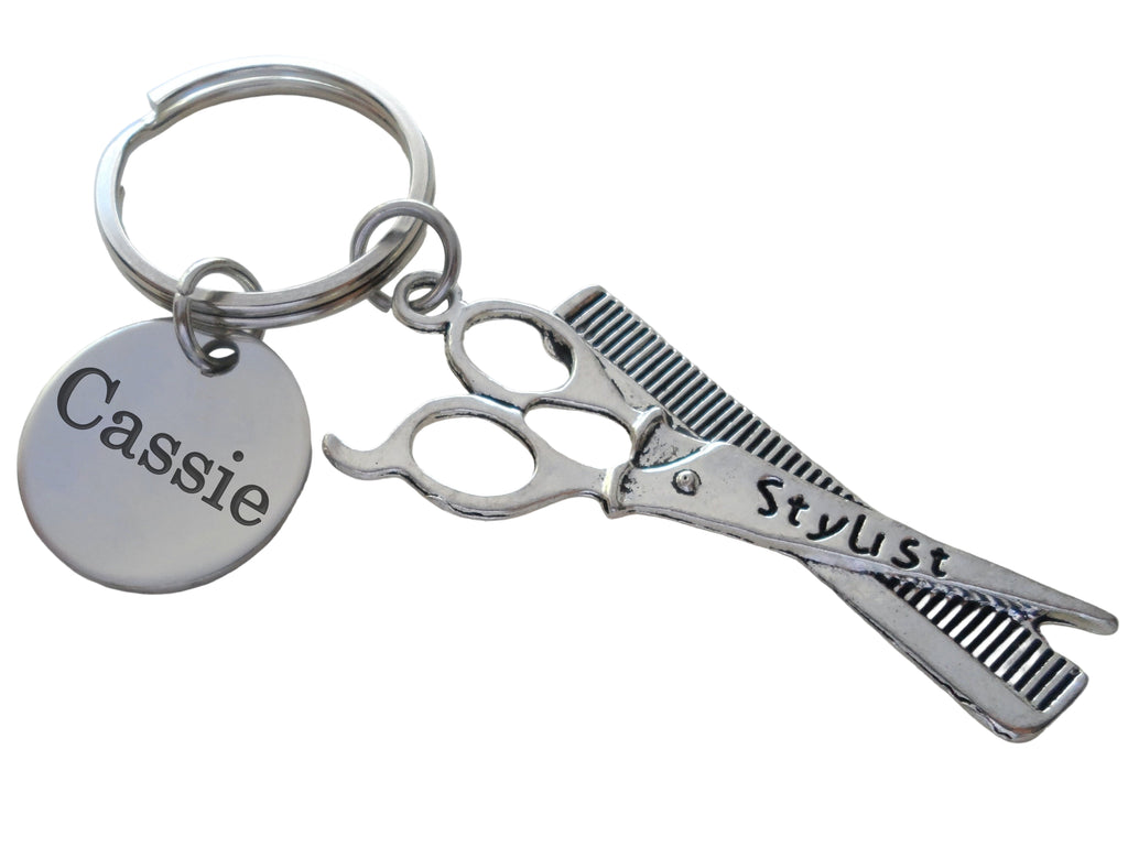 Hair Stylist Comb & Scissors Charm Keychain with Custom Engraved Disc