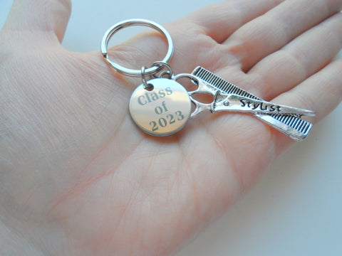 Hair Stylist Comb & Scissors Charm Keychain with Custom Engraved Disc