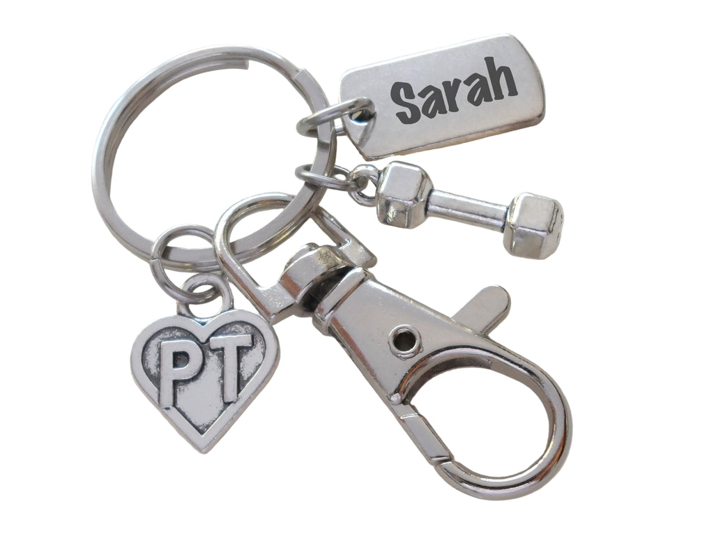 Physical Therapy Keychain with Custom Engraved Tag, PT Heart, Hand Weight Charm & Clasp