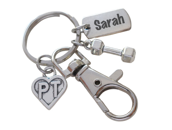 Physical Therapy Keychain with Custom Engraved Tag, PT Heart, Hand Weight Charm & Clasp