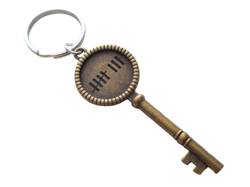 Bronze Key Charm Keychain with 8 Tally Marks Engraved, For Couples 8 Year Anniversary