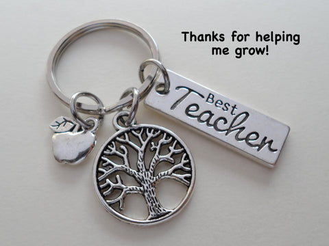 Teacher Appreciation Gift - "Best Teacher" Charm, Tree & Apple Charm Keychain with "Thanks for helping me grow!" Card by Jewelry Everyday