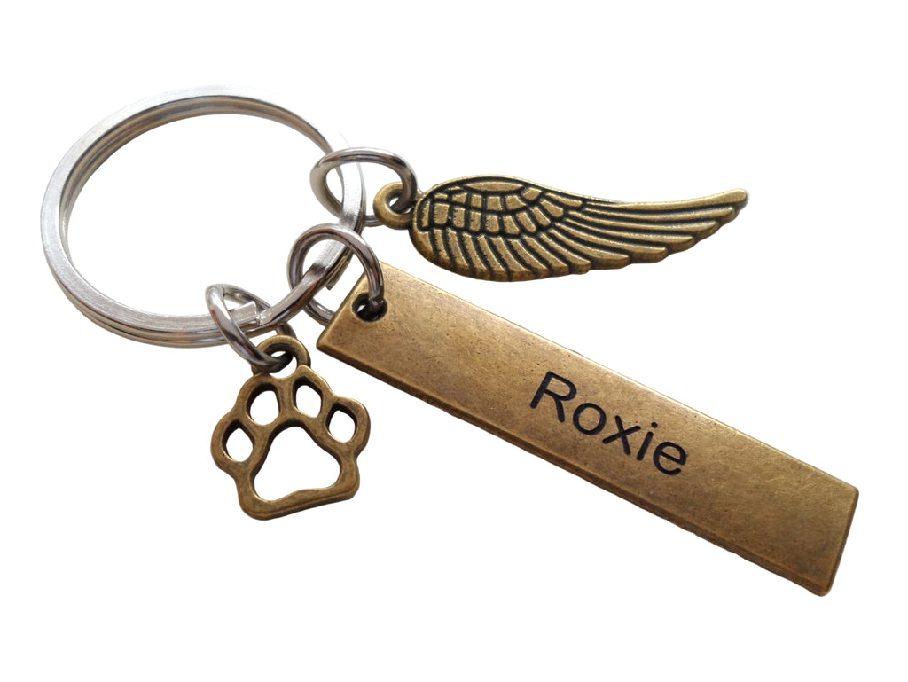 Bronze Charm Dog Memorial Keychain - Custom Engraved Tag with Wing & Paw Charm by Jewelry Everyday