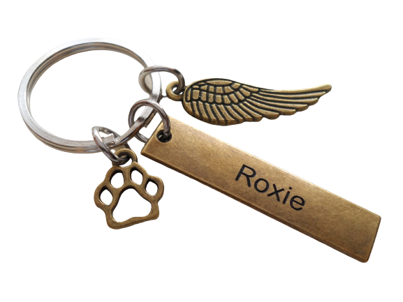 Bronze Charm Dog Memorial Keychain • Custom Engraved Tag with Wing & Paw Charm | JE