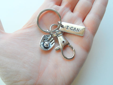 Baseball Mitt Charm Keychain with I Can Tag & Clasp, Softball / Baseball Player Keychain