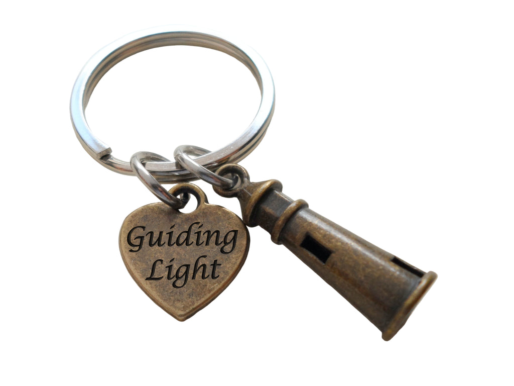 Bronze Lighthouse Keychain with Engraved Heart Tag "Guiding Light", for Couples Friends, or Anniversary Gift Keychain