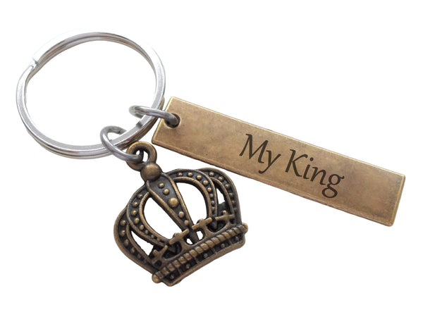 Bronze King Crown Charm Keychain with "My King" Engraved Tag