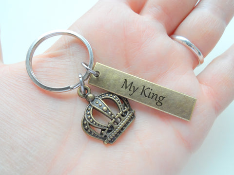 Bronze King Crown Charm Keychain with "My King" Engraved Tag