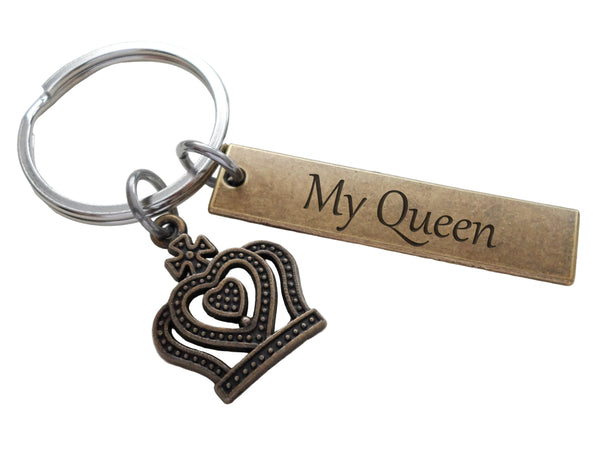 Bronze Queen Crown Charm Keychain with "My Queen" Engraved Tag