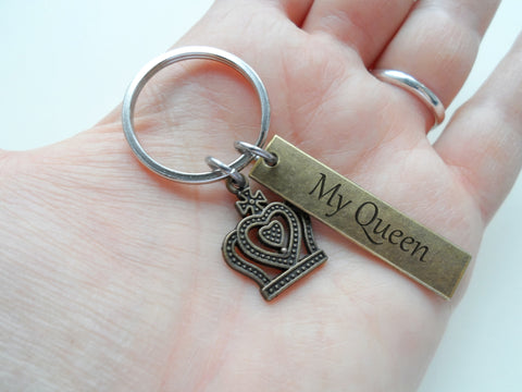 Bronze Queen Crown Charm Keychain with "My Queen" Engraved Tag