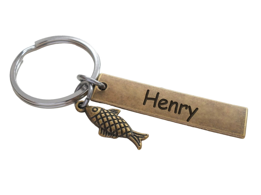 Bronze Fish Charm Keychain with Custom Engraved Tag by JewelryEveryday