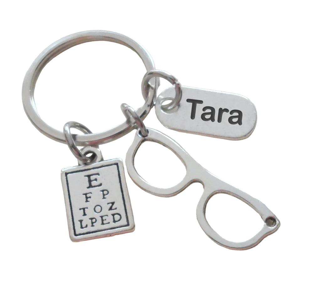 Employee Thank You Gift • Eye Glasses and Eye Chart Charm Keychain with Custom Engraved Thank You Tag by JewelryEveryday