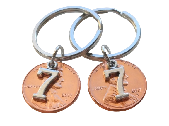 7 Year Anniversary Gift • Double Keychain Set 2017 Penny Keychains w/ Number 7 Charm by Jewelry Everyday