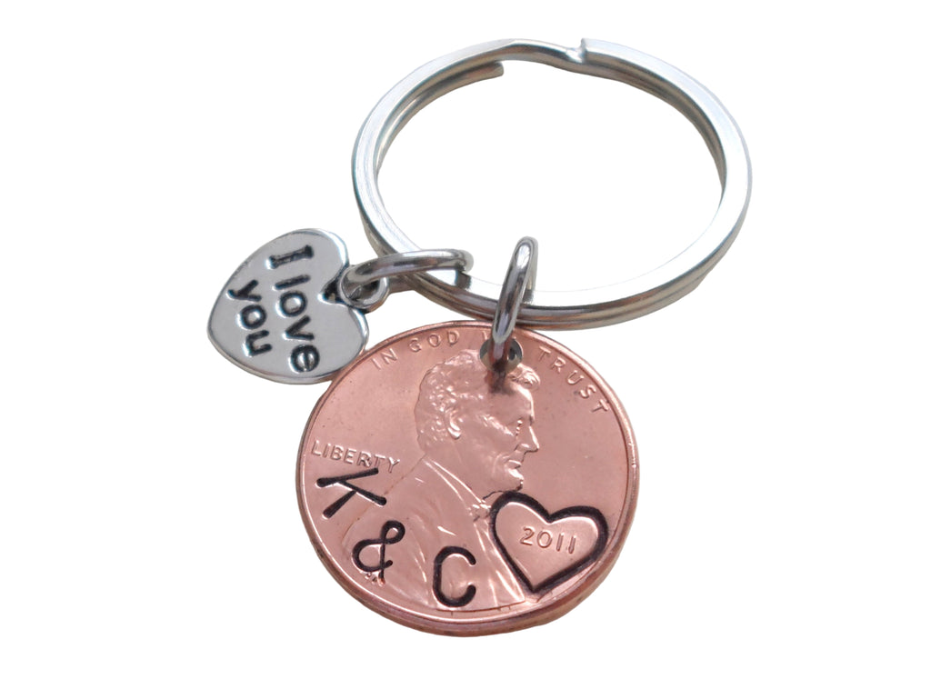 Custom Hand Stamped Penny Keychain with I Love You Heart Charm, Personalized Lucky Penny Anniversary Key Chain