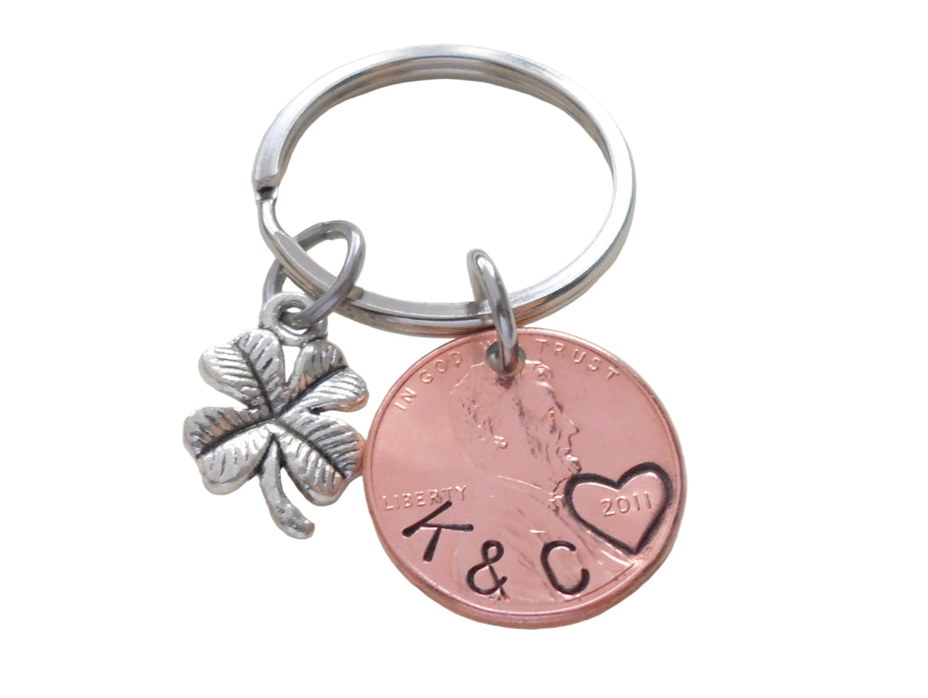 Custom Hand Stamped Penny Keychain with Clover Charm, Personalized Lucky Penny Anniversary Key Chain