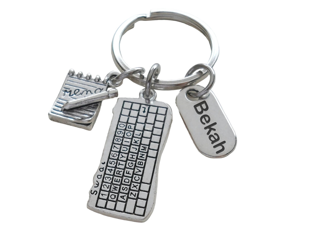 Secretary, Receptionist, Office Staff Appreciation Keychain with Computer Keyboard, Memo Pad Charm, & Personalized Thank You Tag by JewelryEveryday