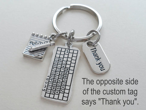 Secretary, Receptionist, Office Staff Appreciation Keychain with Computer Keyboard, Memo Pad Charm, & Personalized Thank You Tag by JewelryEveryday
