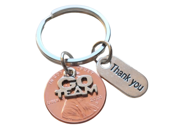 Go Team Charm Layered Over 2024 Penny Keychain with Thank You Charm, Employee Appreciation, Lucky to Work with You!