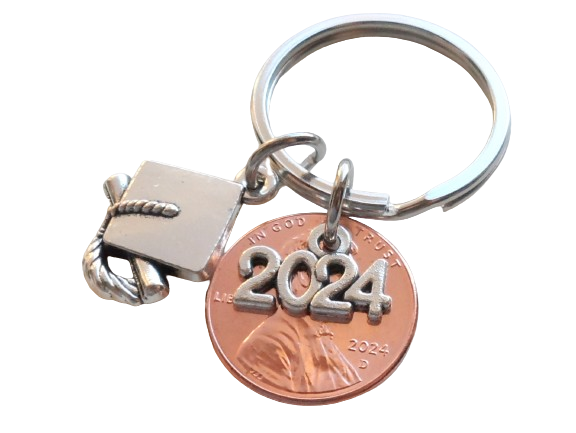 "2024" Charm Layered Over 2024 Penny Keychain, with Cap and Diploma Charm - Good Luck to the New Graduate; Hand Made; Graduation Gift