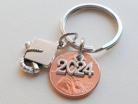 "2024" Charm Layered Over 2024 Penny Keychain, with Cap and Diploma Charm - Good Luck to the New Graduate; Hand Made; Graduation Gift