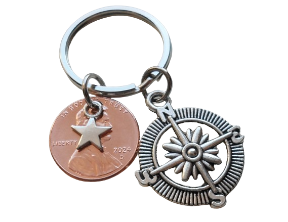 Graduate Compass Keychain, 2024 Penny & Star Charm - Good Luck as You Reach for the Stars