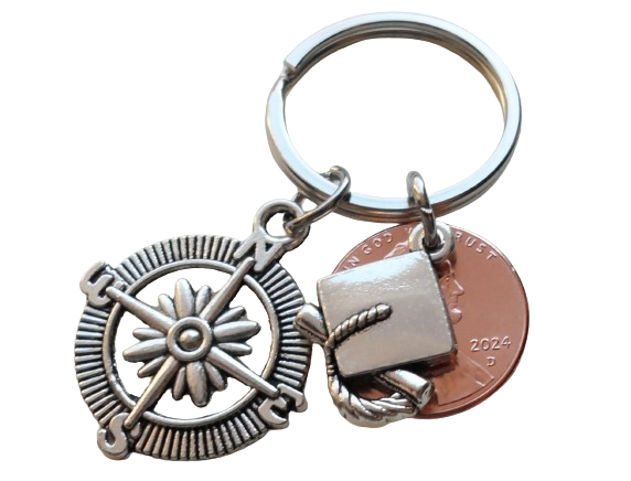 Graduate Compass Keychain, 2024 Penny & Cap Charm - Good Luck on the Path Ahead of You