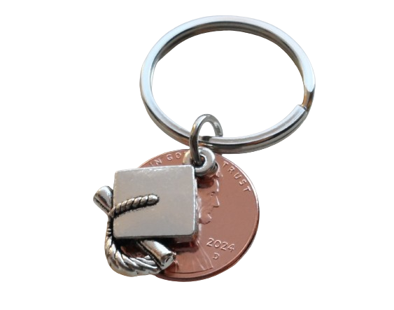 Cap and Diploma Charm Layered Over 2024 Penny Keychain - Good Luck to the New Graduate; Hand Made; Graduation Gift